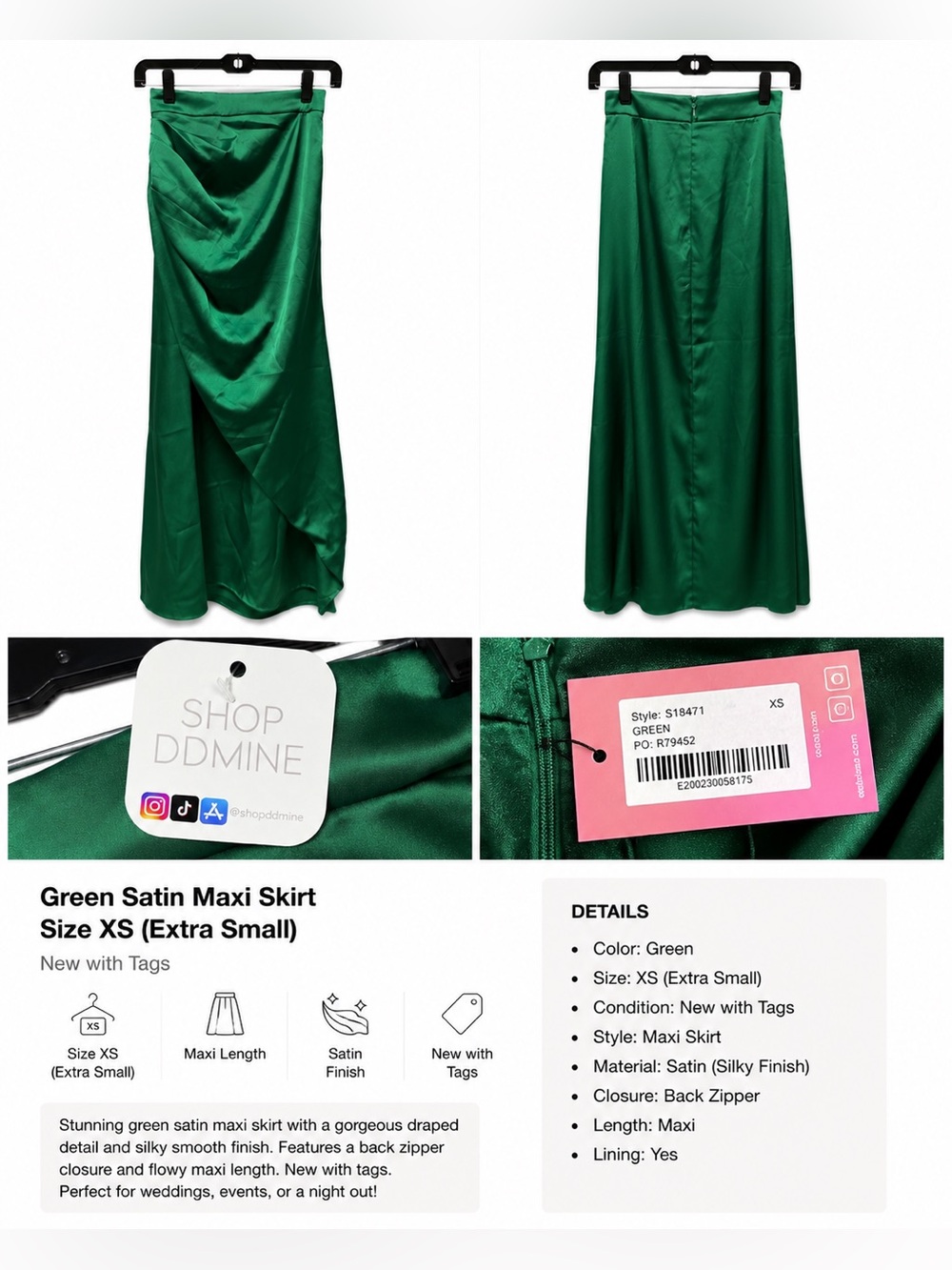 Emerald Satin Maxi Skirt with Draped Front -